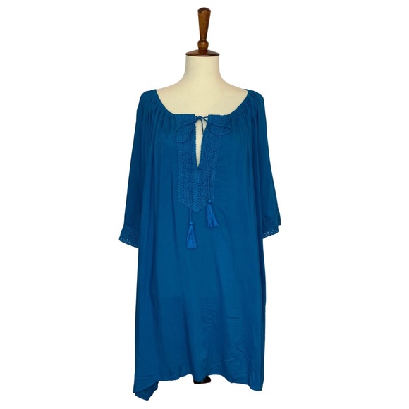 Boho Teal Blue Loose V-Neck Drawstring Beach Bikini Coverup - Picture 3 of 12